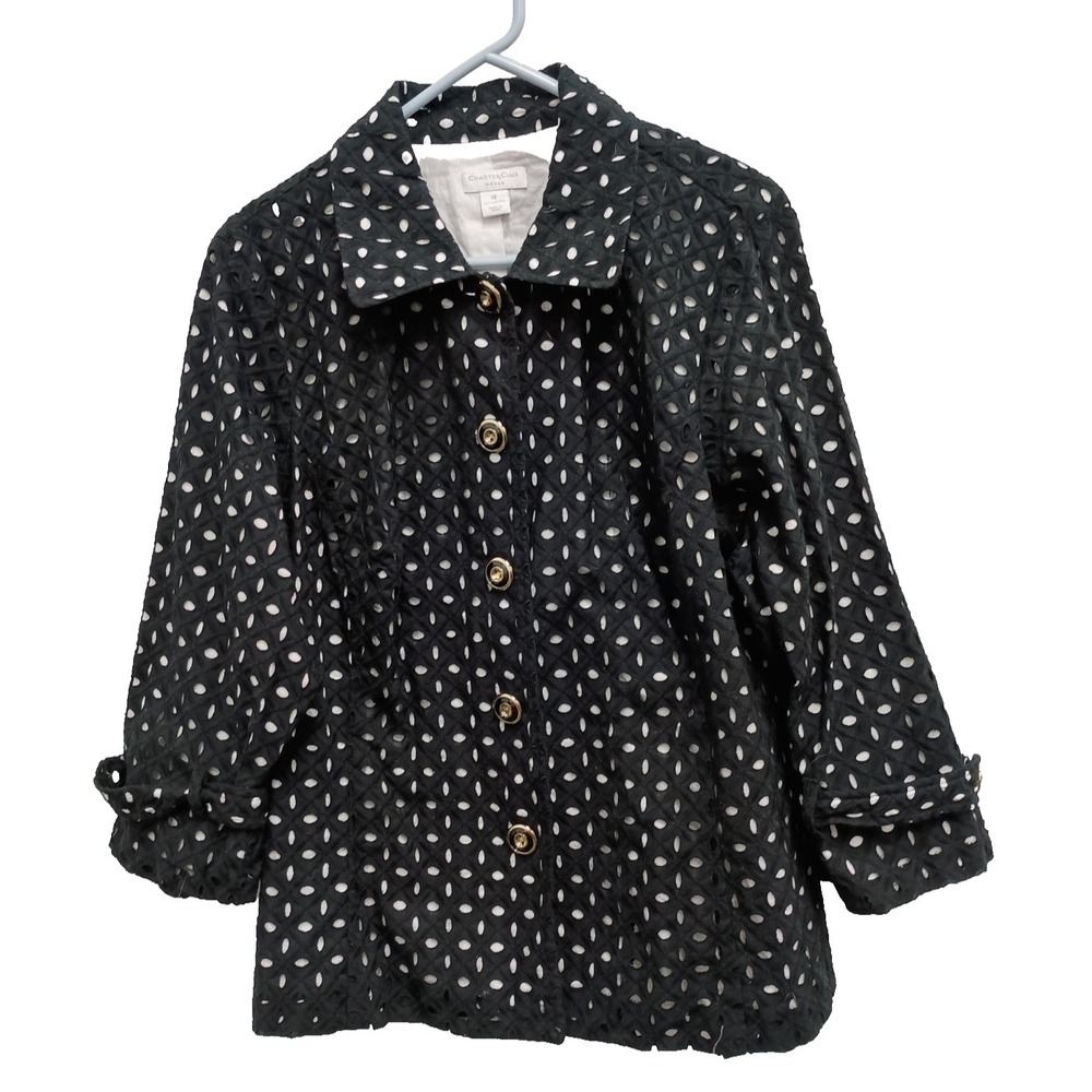 Charter Club Womens Jacket Size 1X Black Eyelet Office Carrier Button Front